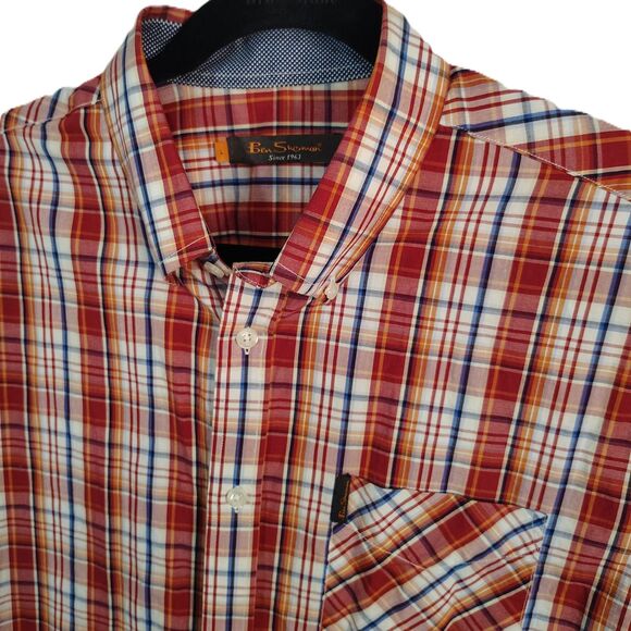 BEN SHERMAN Cotton Plaid Large Men's Red & Orange Short Sleeve Button Down Shirt - Picture 1 of 5